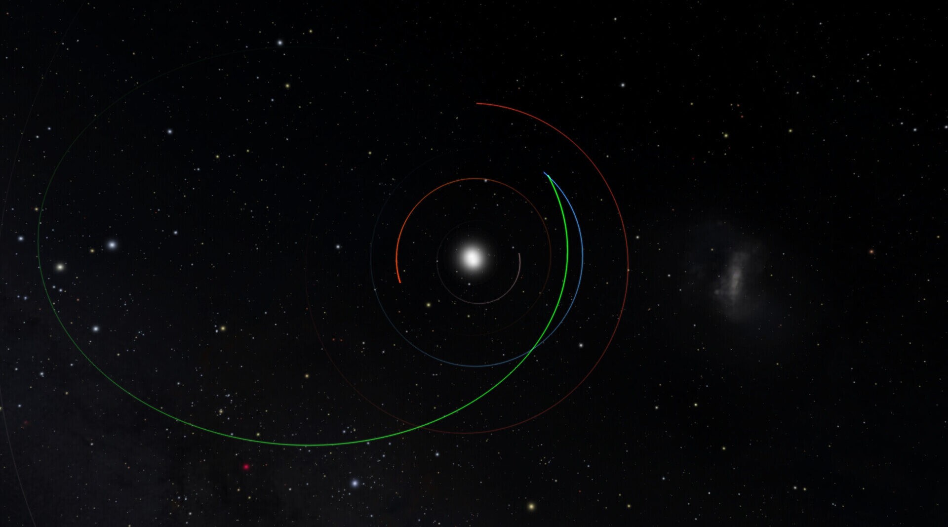 A top-down artist's illustration of the solar system showing the counterclockwise paths around the Sun of Mercury, Venus, Earth, and Mars as well as newly discovered near-Earth asteroid 2022 SF289. To the upper right of the Sun, the green path of the new potentially-hazardous asteroid passes just in front of Earth's blue path. The new asteroid poses no foreseeable risk to Earth.
